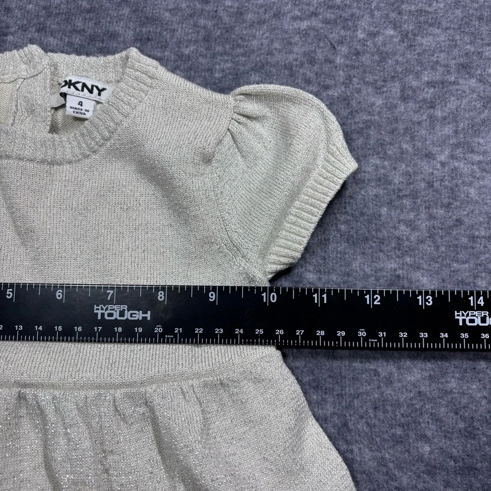 DKNY Girls Cream Tiered Knit Dress with Puff Sleeves - Picture 7 of 11